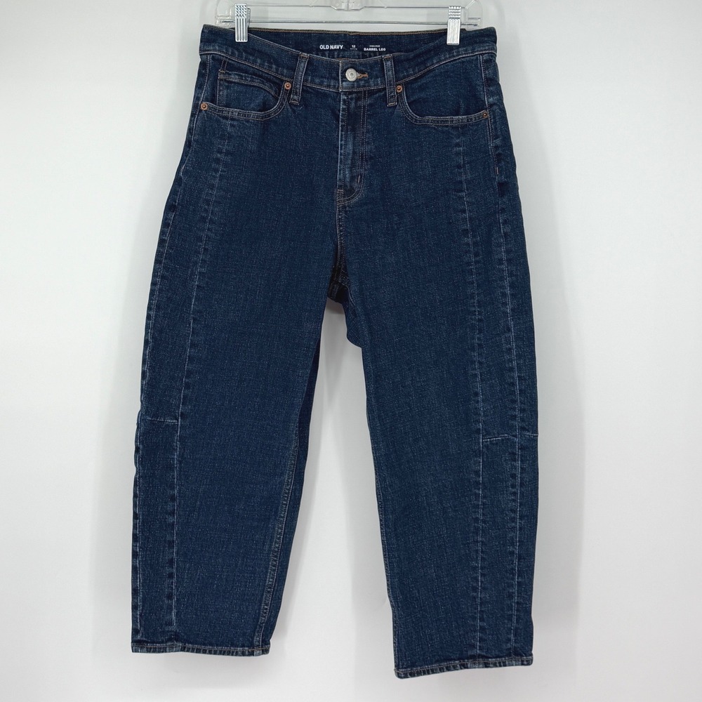 Old Navy High Rise Barrel Leg Jeans Dark Wash Petite Size 12 Horseshoe Denim